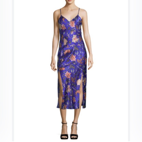 Diane Von Furstenberg Canton Electric Blue Floral Satin Midi Slip Dress Small - Picture 5 of 11
